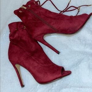 Burgundy Peep Toe High Heel Ankle Boots
